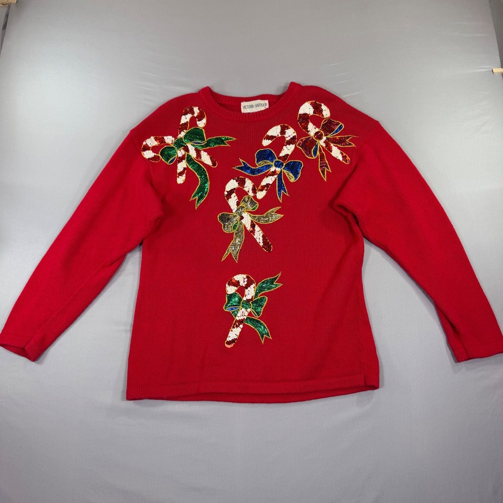 Vintage Christmas Sweater Womens Large Red Sequin Candy Cane Holiday Retro
